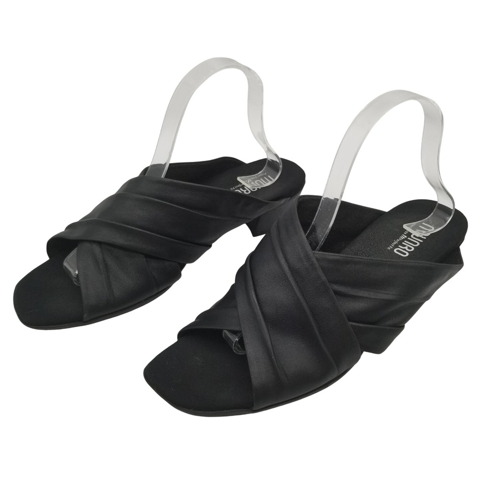 Munro American Womens 10.5W Black Leather Crisscross Pleated Slide Sandals H1221